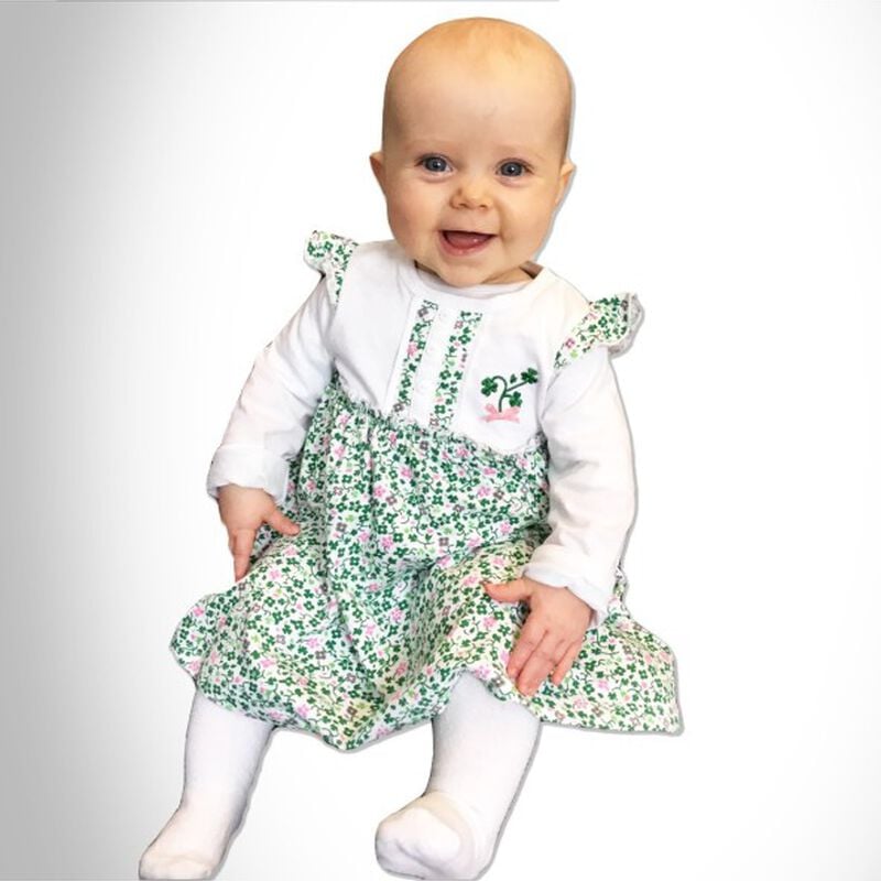 White Baby Dress With Shamrock And flowers Design